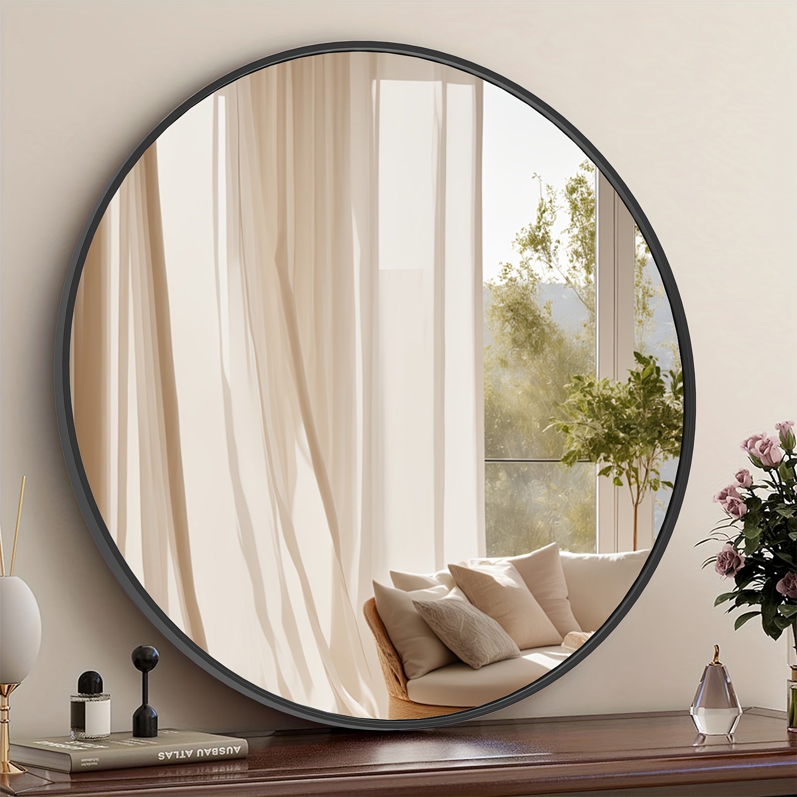 Round Metal Wall Mirror with - Matte & Frame, Easy-Hang Modern Decorative Mirror Suitable for Entryway, Bathroom, Living Room - Mirror for Home Décor, Elegant Mirror for Vanity, Dresser or Wall, Christmas Decor