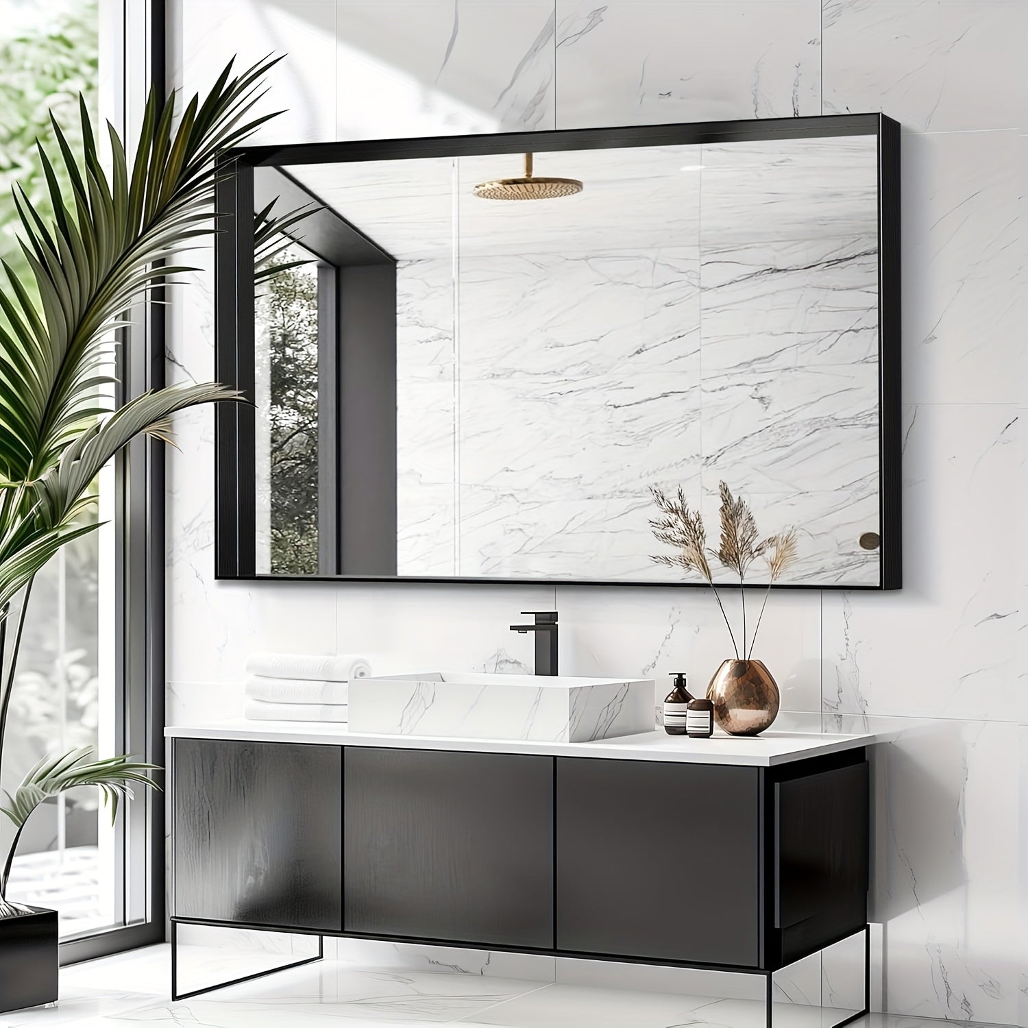 Framed Mirror for Bathroom, Multiple Sizes Metal Framed Bathrrom for Wall, Matte Black\u002FGolden\u002FSilvery Bathroom Vanity Mirror Farmhouse, Anti-Rust, Rectangle Square Corner Metal Frame Modern(Horizontal\u002FVertical)