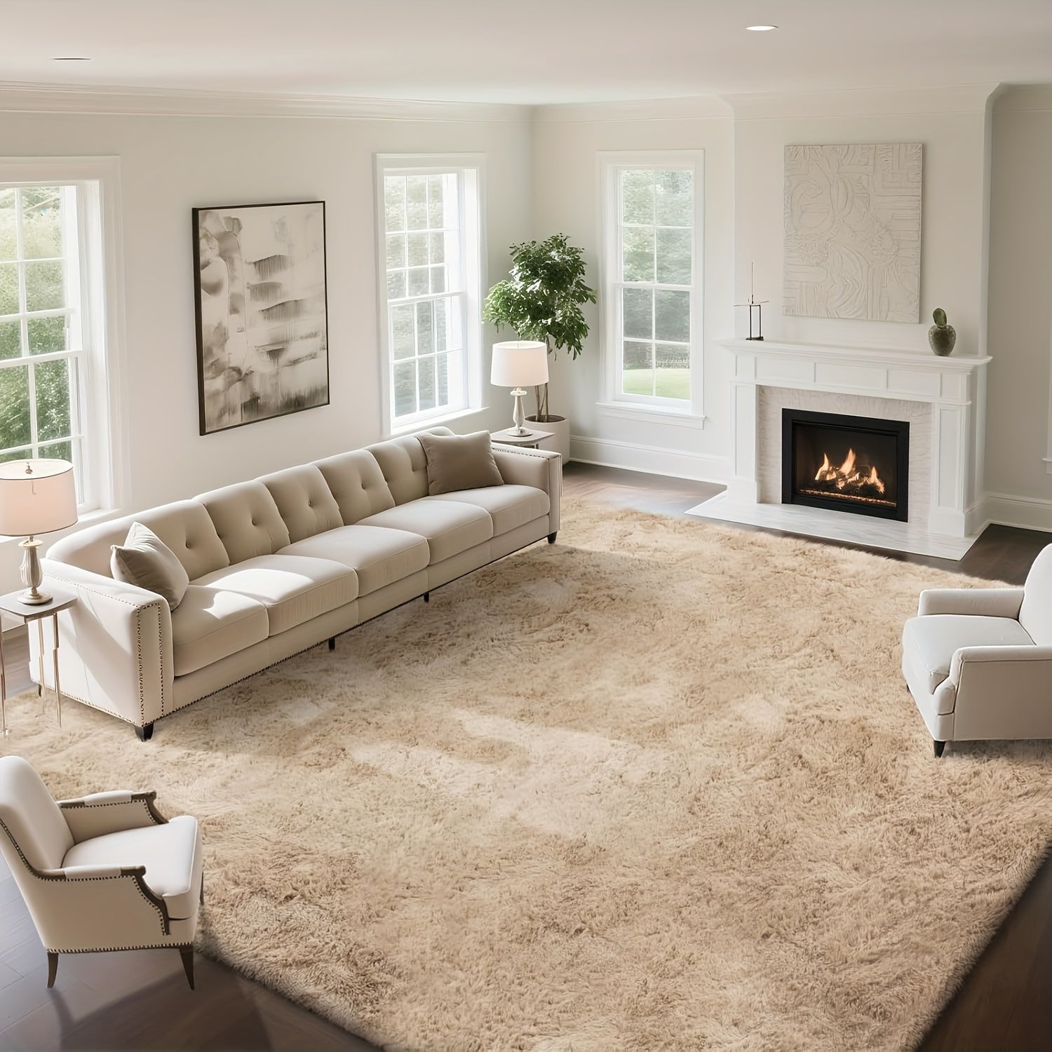 Extra Large 9x12ft Camel Plush Shag Mat - Ultra-Soft Thick Pile, Non-Slip Rubber Backing, Machine Washable Indoor\u002FOutdoor Mat for Living Room, Bedroom, Office