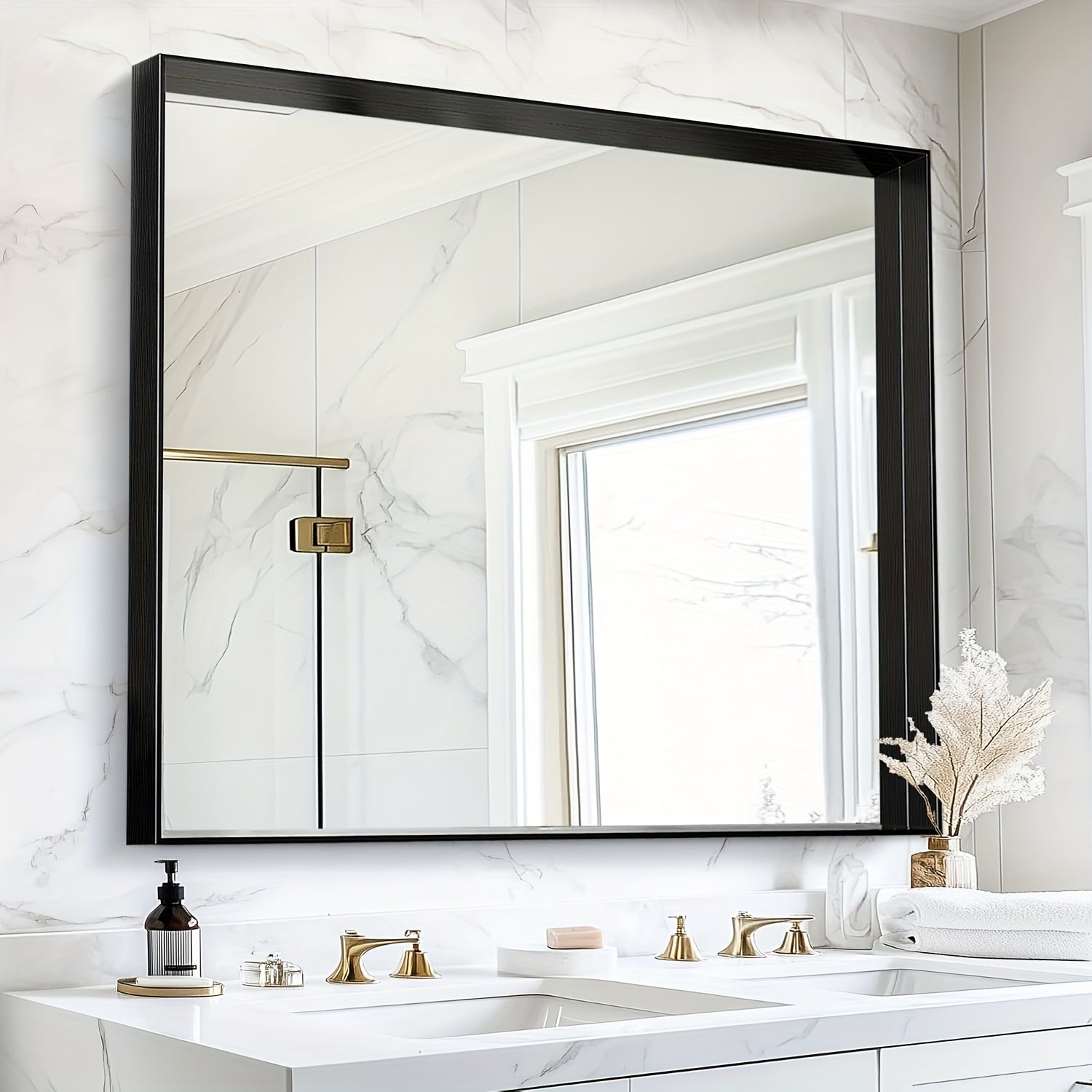 Framed Mirror for Bathroom, Multiple Sizes Metal Framed Bathrrom for Wall, Matte Black\u002FGolden\u002FSilvery Bathroom Vanity Mirror Farmhouse, Anti-Rust, Rectangle Square Corner Metal Frame Modern(Horizontal\u002FVertical)