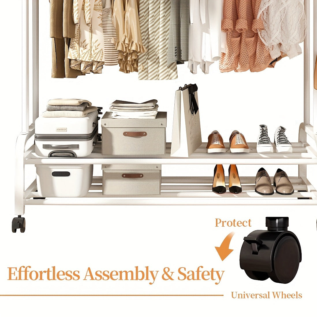 Heavy Duty, Clothes Rack Heavy Duty, Sturdy Metal Double Rodding Clothes Rack With Wheels, Portable Clothing Rack With Shelves & Hooks, Multi-Functional Closet Rack For Bedroom, Black