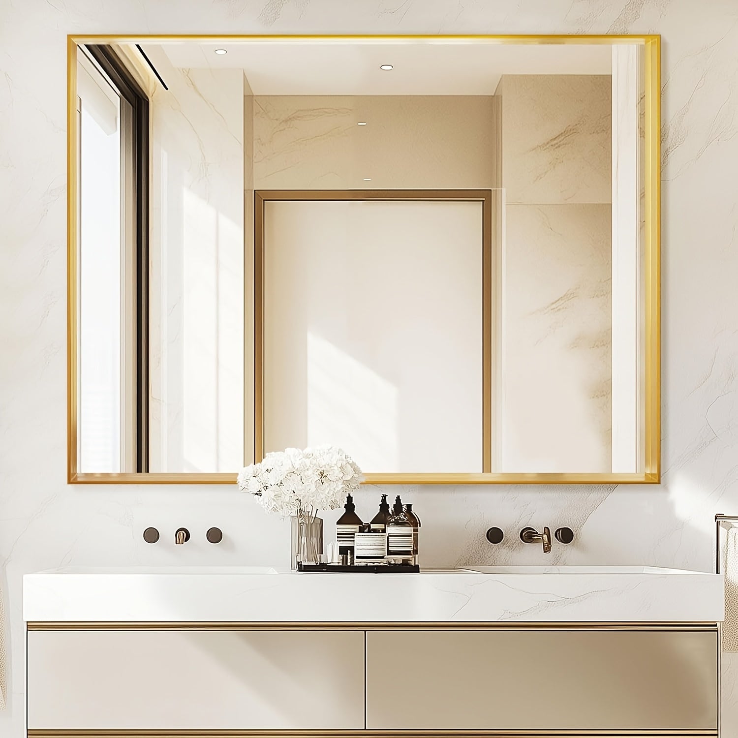 Framed Mirror for Bathroom, Multiple Sizes Metal Framed Bathrrom for Wall, Matte Black\u002FGolden\u002FSilvery Bathroom Vanity Mirror Farmhouse, Anti-Rust, Rectangle Square Corner Metal Frame Modern(Horizontal\u002FVertical)