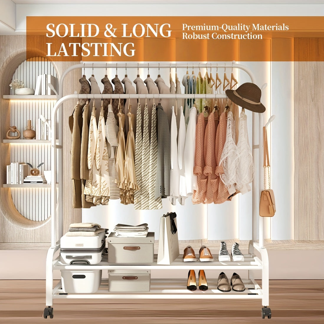 Heavy Duty, Clothes Rack Heavy Duty, Sturdy Metal Double Rodding Clothes Rack With Wheels, Portable Clothing Rack With Shelves & Hooks, Multi-Functional Closet Rack For Bedroom, Black