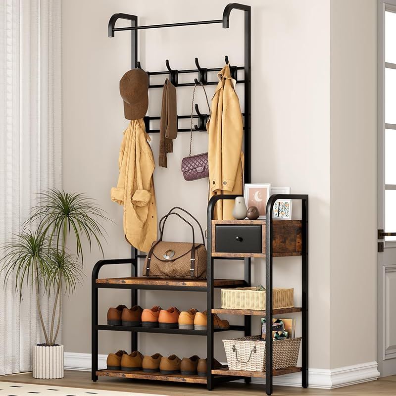 5-in-1 Multi-Functional Hall Tree Shoe Bench with Storage Drawer & 8-Hook Entryway - Space-Saving Coat Rack Suitable for Apartment, Bedroom, Entryway - Assembly, Compact Furniture (No Wood\u002FMetal)
