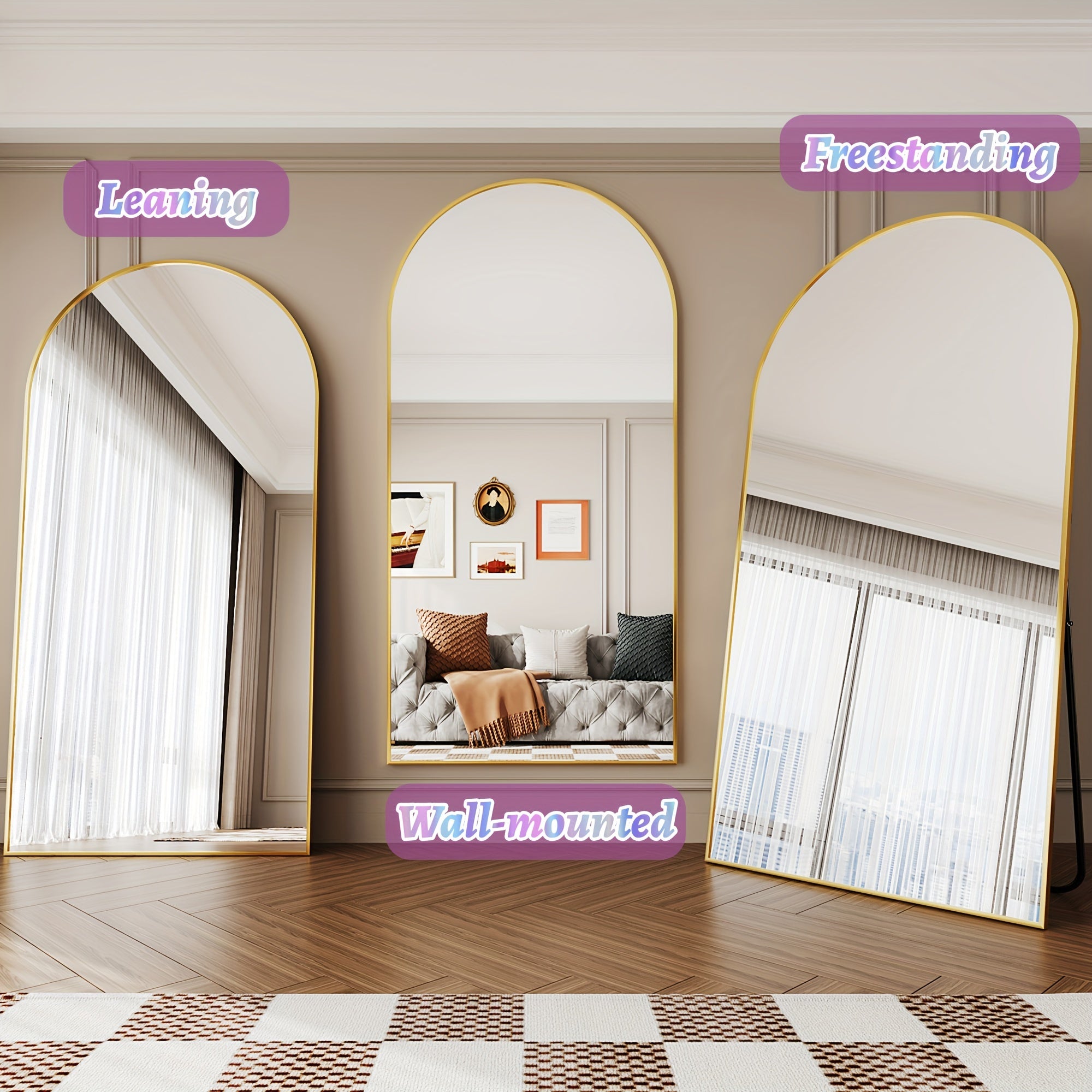 Full Length Mirror, Oversized Arched Floor Mirror Freestanding, Full Body Mirror Floor Standing Mirror With Stand For Bedroom, Hanging Mounted Mirror For Living Room Cloakroom